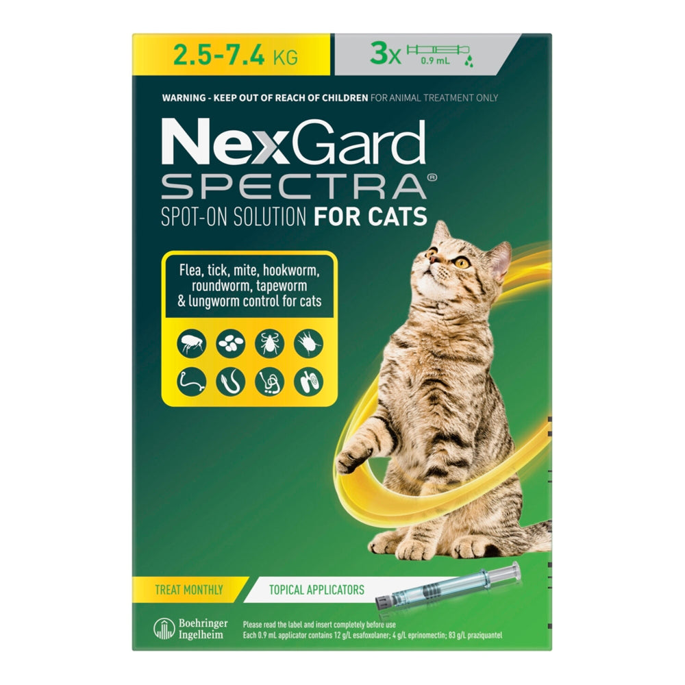 A 3-pack of NexGard SPECTRA spot-on for cats 2.5-7.4 kg, in a green and yellow box showing a seated tabby cat.