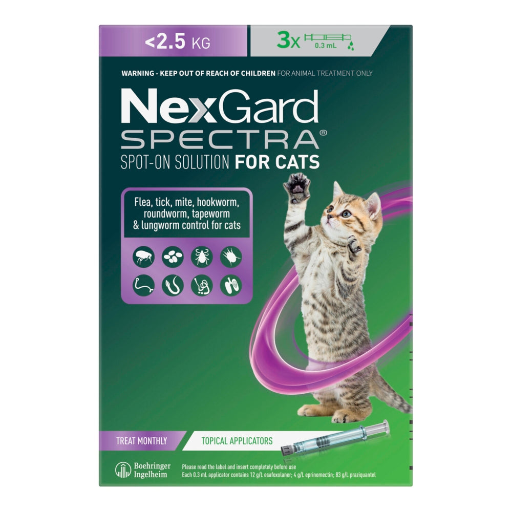 A 3-pack of NexGard SPECTRA spot-on for kittens under 2.5 kg, in a green and purple box showing a playful tabby kitten.