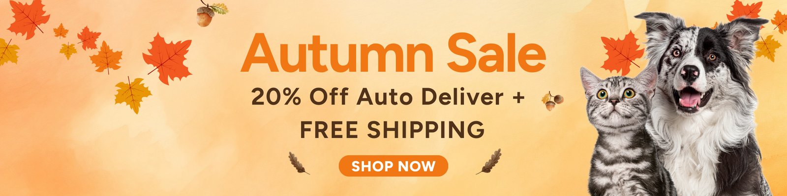 Promotional banner for autumn sale with a dog and cat, leaves, and text on an orange background.
