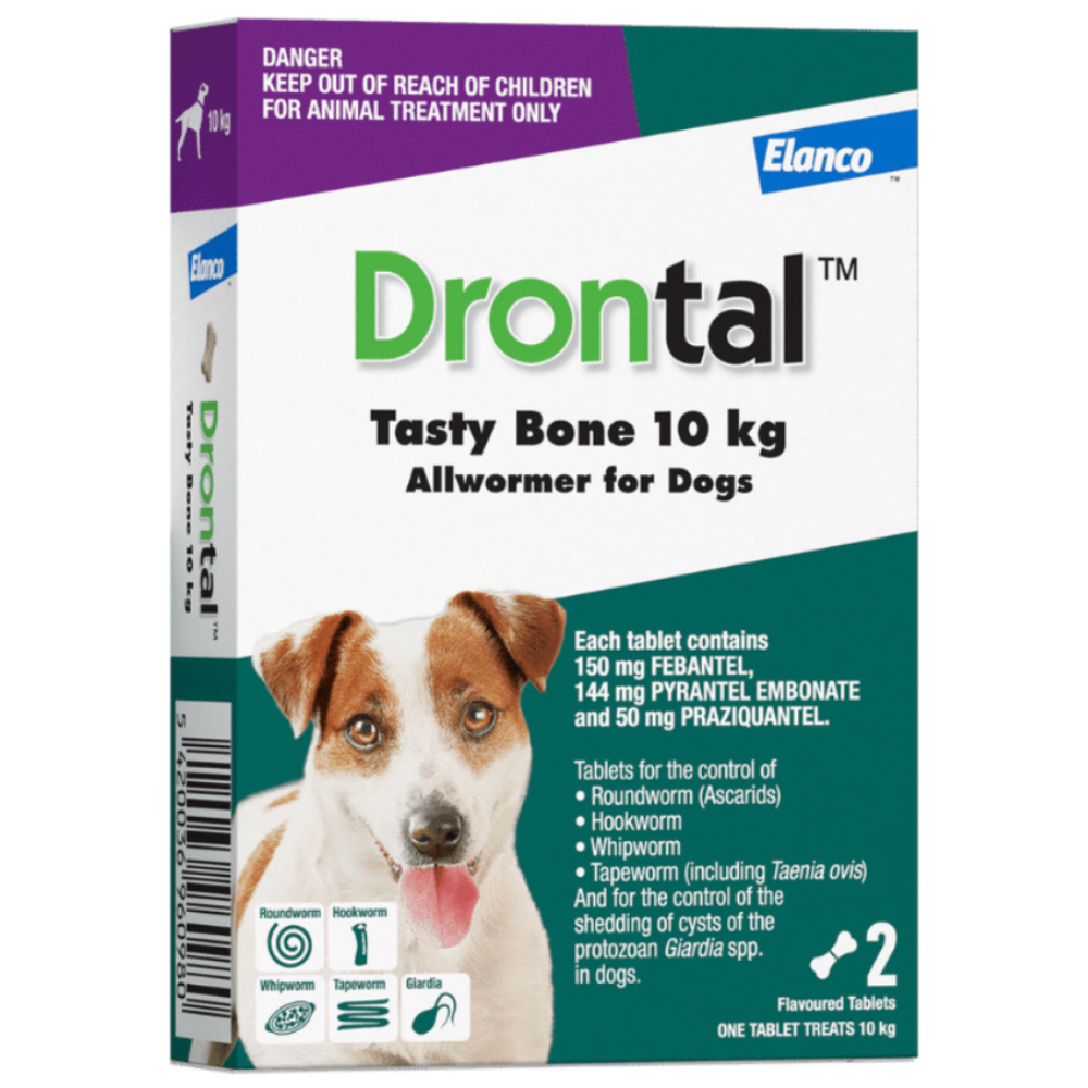 Drontal Tasty Bone 10 kg allwormer for dogs packaging with a dog illustration on a white background.