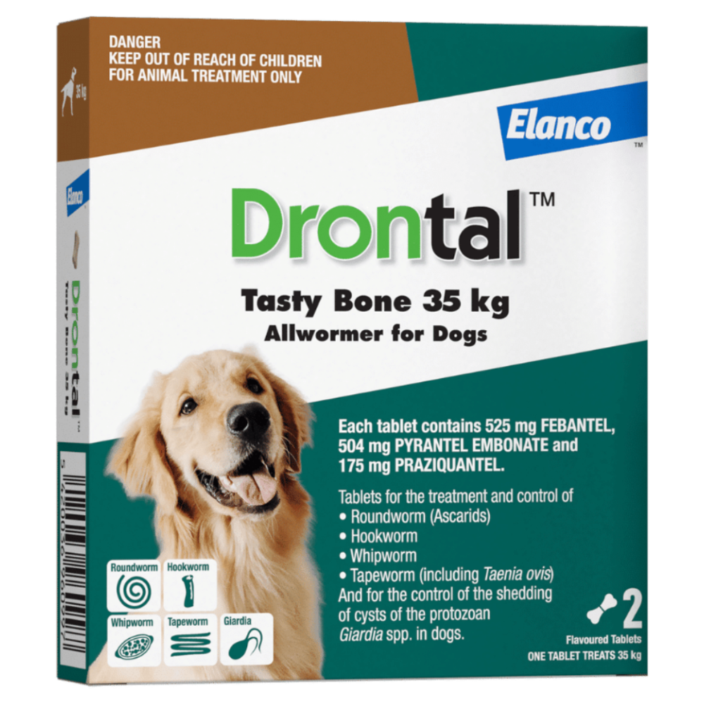 Elanco Drontal Tasty Bone 35 kg allwormer for dogs packaging with a dog on the front.