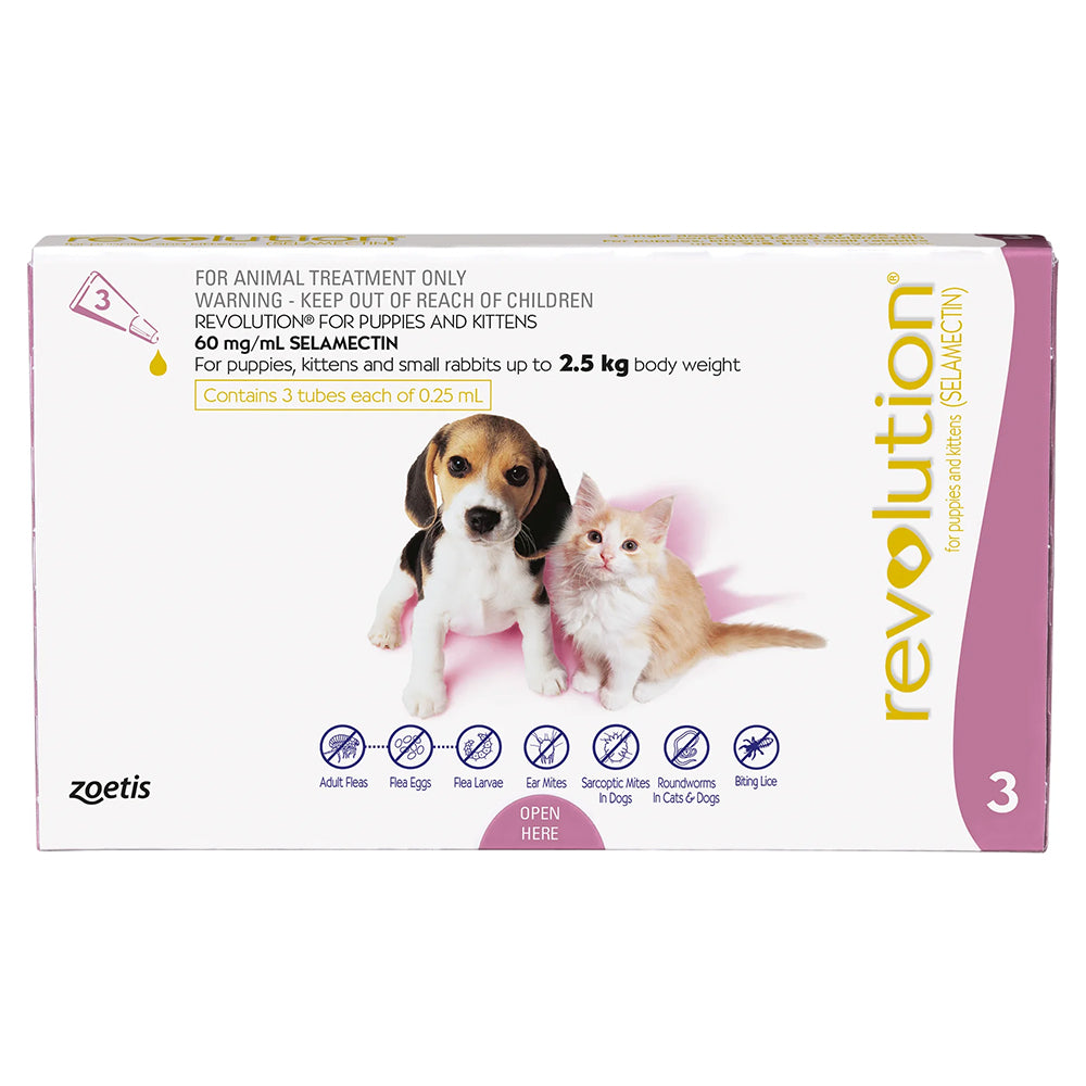 A white box of Revolution for puppies and kittens up to 2.5 kg, a 3-pack showing a beagle puppy and ginger kitten.